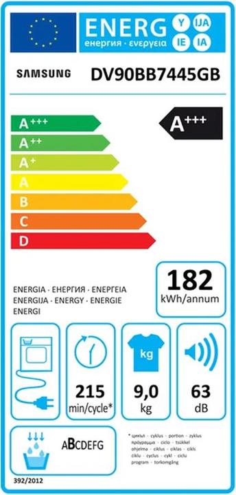 Label énergétique Samsung DV7400 (9 kg, Droite)
