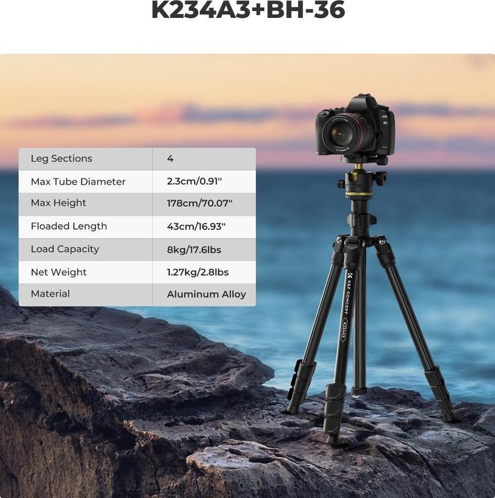 Image du produit K&F Concept K234A3+BH-36L +Clip pour téléphone portable Trépied en alliage d'aluminium et de magnésium (Métal)