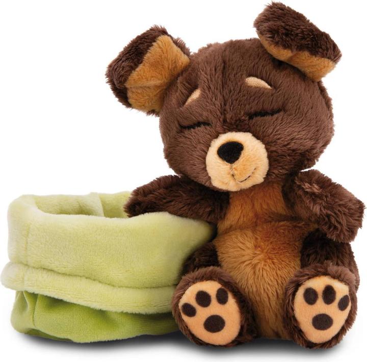 Actual product image NICI Sleeping Pets cuddly toy brown dog in green basket GREEN (11 cm)