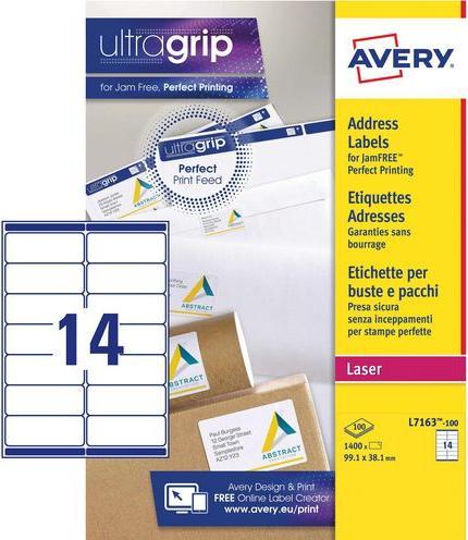 Avery Dennison Etiketten Zweckform ultragrip L7163, 99,1x38,1 mm, wit, pk. 1400 st.