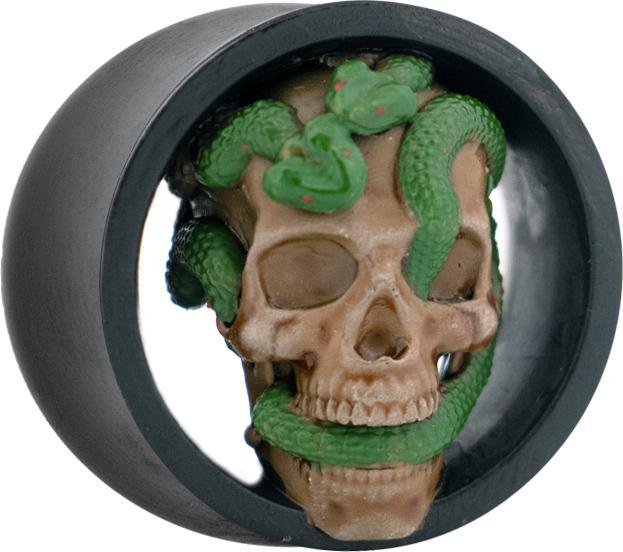 Actual product image Star Piercing Flared tunnel black skull with snake on the right (Pitch, without brass)