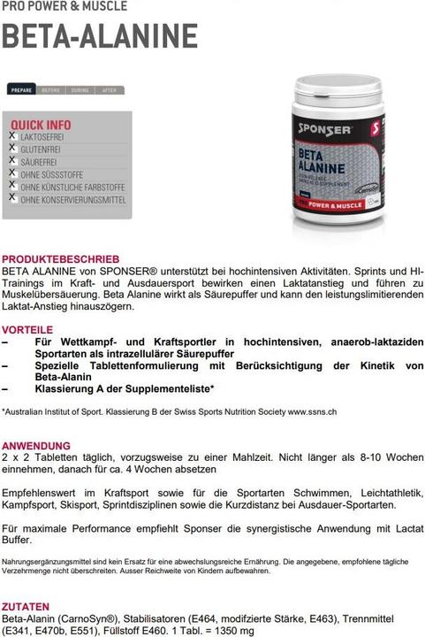 Nährwerte und Zutaten Sponser Beta Alanine (1 Stück, Tabletten, 189 g)