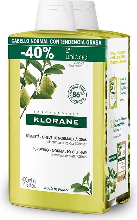 Actual product image Klorane Citrus Shampoo Lightness And Vitality 2x400 Ml (800 ml, Liquid shampoo)