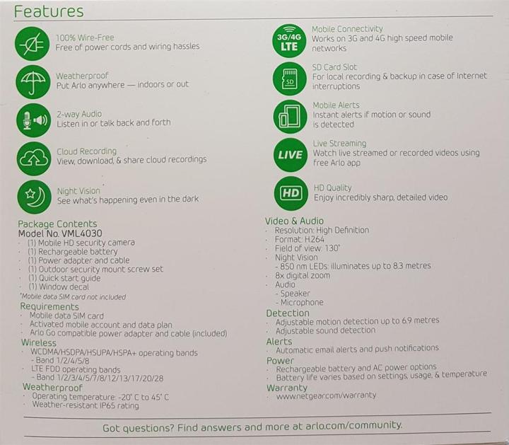 Actual product image Arlo Go 4G Camera VML4030 (1280 x 720 pixels)