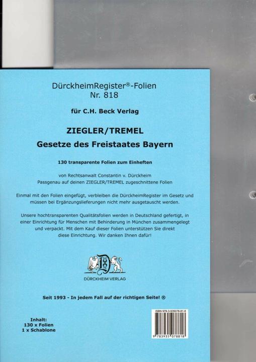 Produktbild DürckheimRegister®-FOLIEN ZIEGLER/TREMEL Gesetze des Freistaates Bayern (Deutsch, Constantin von Dürckheim, 2014)