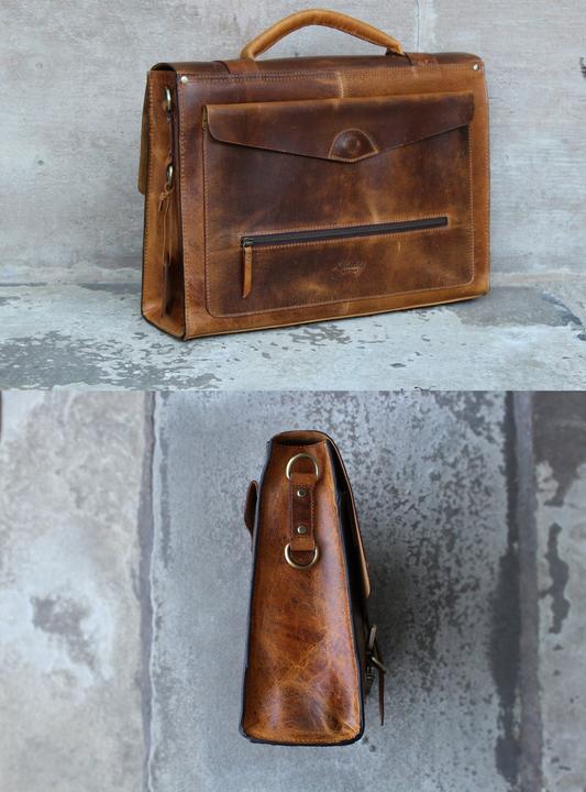 Produktbild Only-Bags.Store Handgemachte echte Top Grain Leder Aktentasche, Laptop-Tasche, Messenger, Business Travel Vintage (15")