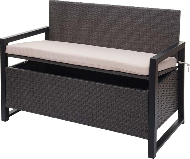 Produktbild Swisshandel24 Poly-Rattan 2er Sitzbank, Gartenbank Truhenbank, Staufach Aufbewahrung Sitzkissen - grau, Kissen bei
