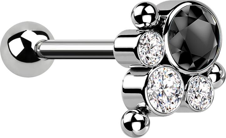Star Piercing Micro Barbell Threadless silber mit Kugel und drei Kugeln vier Kristalle silber und schwarz (Titan G23, ohne Messing)
