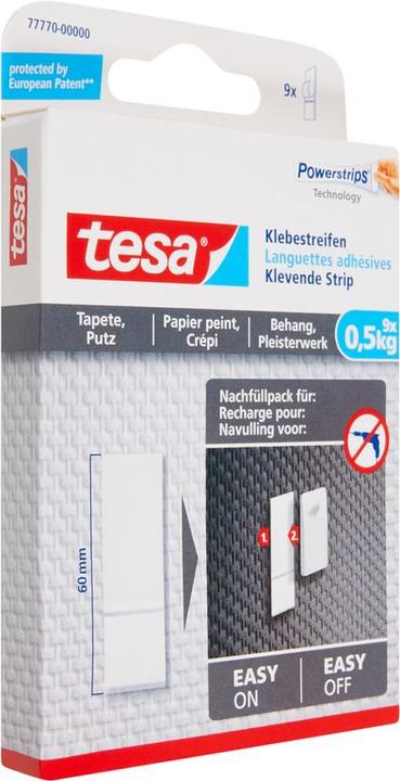 tesa Powerstrips für Tapete & Putz, 0,5kg Halteleistung, 9x doppelseitige Klebestreifen