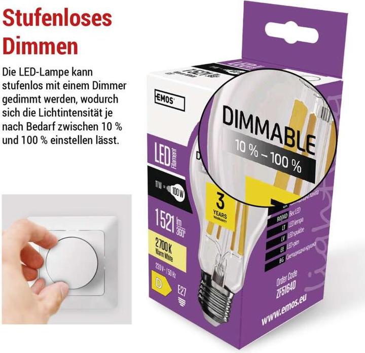 Produktbild Emos LED Lampe Filament (E27, 11 W, 1521 lm, 1 x, D)