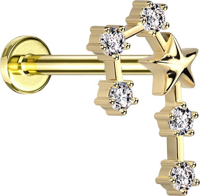 Actual product image Star Piercing Micro Labret Inner Thread Gold Plated Zodiac Sign Gemini with Crystals (Surgical steel 316L, Brass)