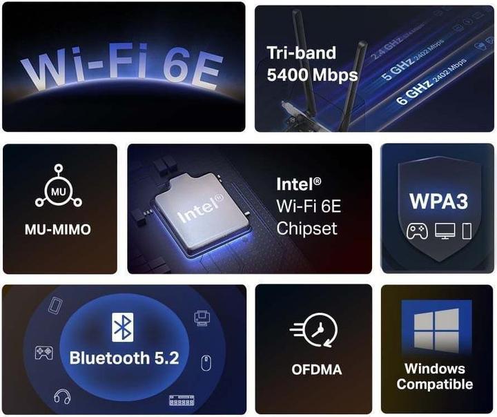 Image du produit Mercusys MA86XE Carte réseau Intégrée WLAN / Bluetooth 5400 Mbit/s (Mini PCI Express)