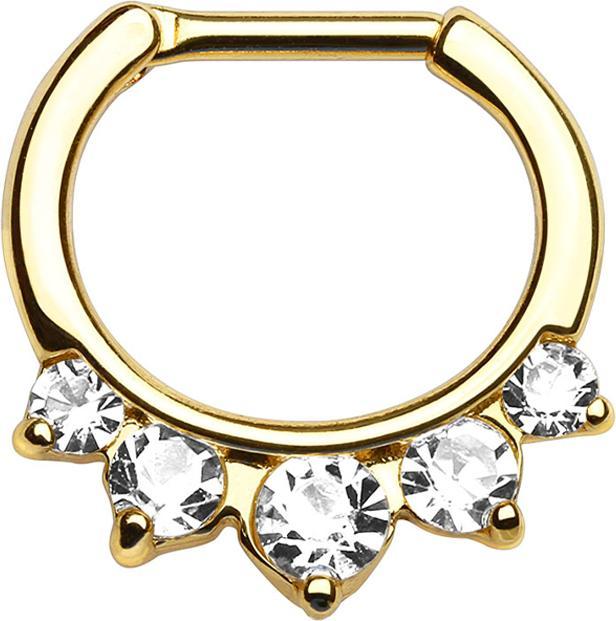 Star Piercing Septum mit fünf silbernen Kristalle vergoldet (Messing, Chirurgenstahl 316L)