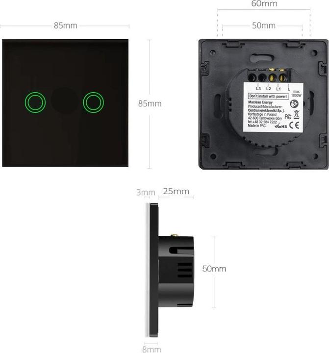 Productafbeelding Maclean Interrupteur dubbel mural tactile MCE704 (Noir)