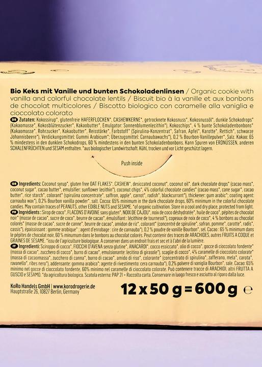 Nährwerte und Zutaten KoRo Bio Keks mit Vanille und bunten Schokoladenlinsen (1 Stk., 600 g)