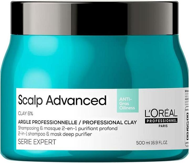 L'Oréal Professionnel SCALP ADVANCED anti-oiliness 2-in1 shampoo & mask deep purifier clay 500 ml (500 ml, Flüssiges Shampoo)