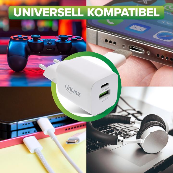 Actual product image InLine USB power adapter, charger, USB-A + USB-C, 33W, Power Delivery + Quick Charge, white (33 W)