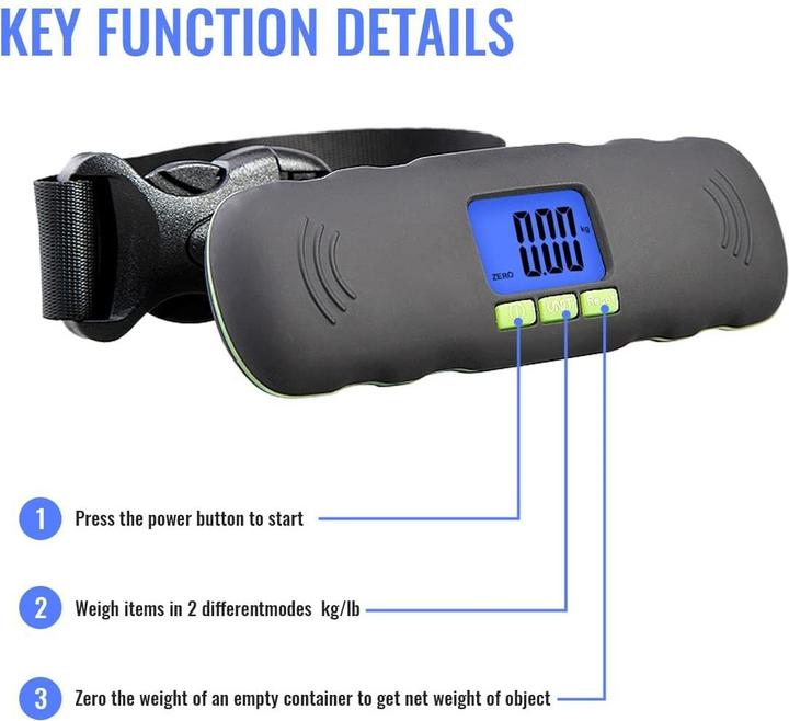 Produktbild Swissdetector Tragbare digitale Gepäckwaage - LCD und blaue Hintergrundbeleuchtung - 50kg (Dokumenten- & Geldtasche)