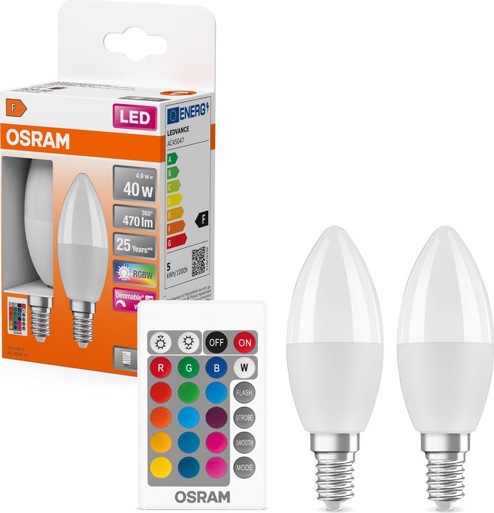 Produktbild Osram Led Retrofit Rgbw Lamps With Remote Control (E14, 4.90 W, 470 lm, 2 x, F)