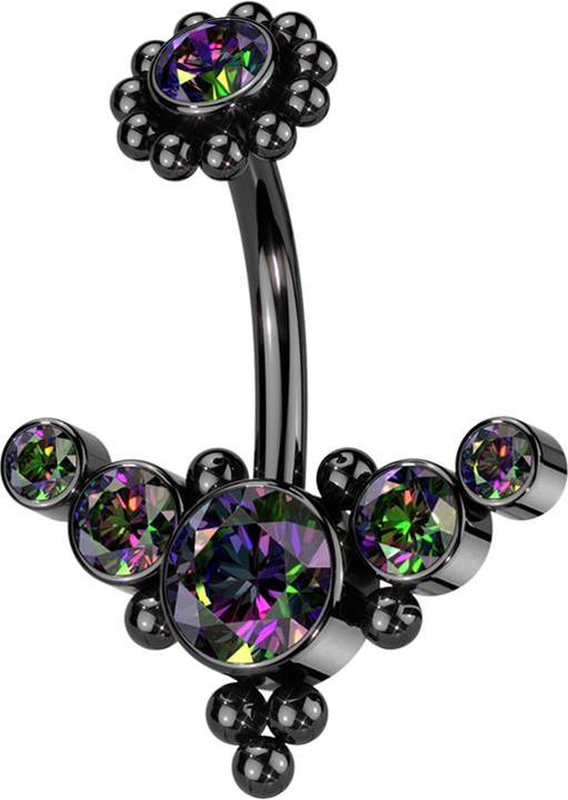 Hollywood Body Jewelry Banane Innengewinde schwarz mit Kugelblume schwarz Kristall dunkel multicolor und front mittig mit K (Chirurgenstahl 316L)