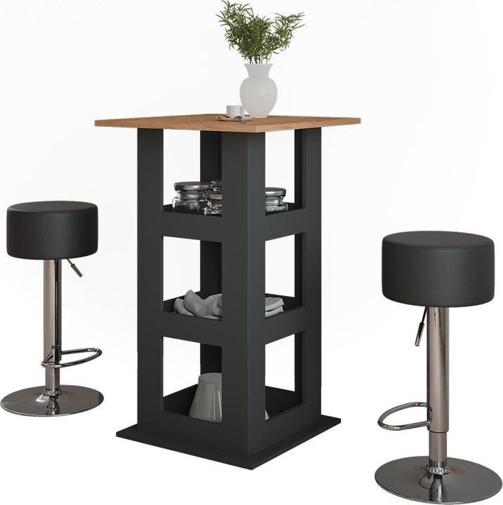 Vichy Bartisch-Set Repose, Goldkraft Eiche/Anthrazit/Schwarz, 65 x 65 cm mit 2 Barhockern