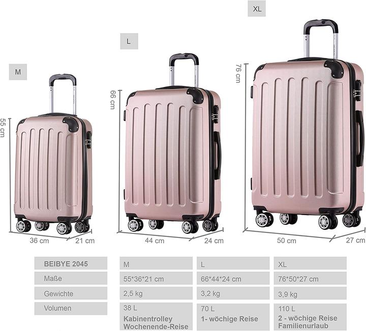 Actual product image Beibye Twin Wheels 3pcs Travel Case Pink Gold Colours (M (50 - 90l), L (90 - 115l), XL (from 140l))