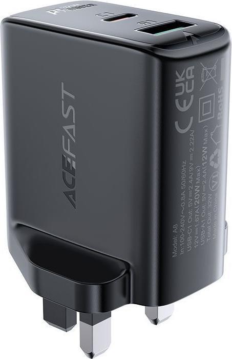 Actual product image Acefast wall charger (UK plug) USB Type C / USB 32W, PPS, PD, QC 3.0, AFC, FCP black (A8 black) (32 W)