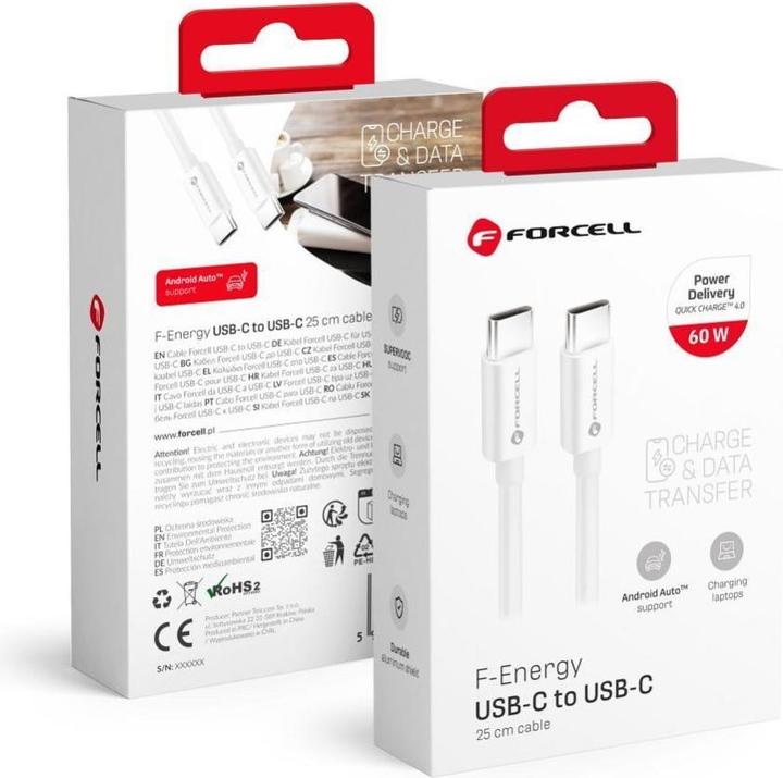 Actual product image Forcell Cable F-ENERGY C338 cable Type C to Type C PD QC4.0 3A 60W 0,25 m white (0.25 m, 60 W)