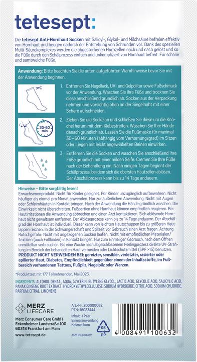 Valeurs nutritives et ingrédients Tetesept Chaussettes de pieds anti-callosités (Produit anti-callosités)