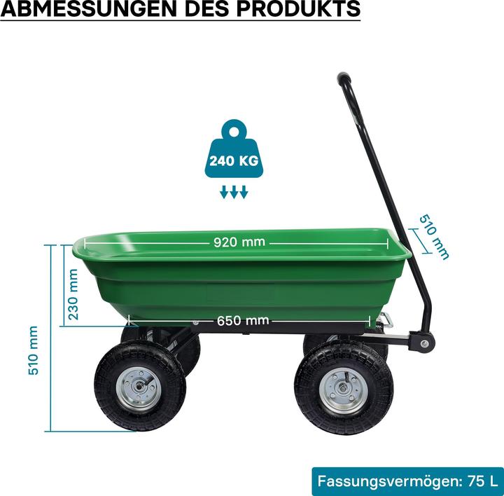 Image du produit Wiltec Chariot de jardin à main avec Benne basculante Volume 75L Capacité de charge 240kg Remorque Brouette