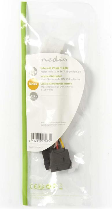Immagine prodotto Nedis Cavo di alimentazione interna Molex maschio 2X SATA 15 pin femmina Placcato oro 0,15 m PVC rotondo