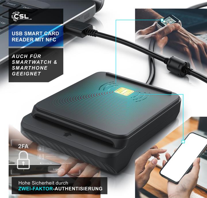 Produktbild CSL USB Chipkartenleser, NFC, ISO 7816/14443, kompatibel mit Mac OS X & Windows 11, für Personalausweis (USB)