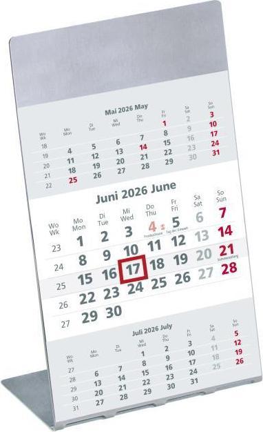 Produktbild 3-Monatskalender 2026 10,5x14,5cm mit Edelstahlaufsteller und Magnestreifen - Datumsweiser - (Deutsch)