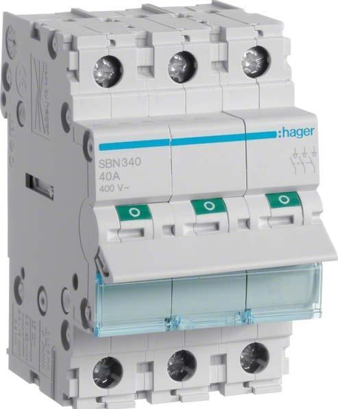 Image du produit Hager SBN340. Courant nominal : 40 A. Type : B-type, quantité de modules (max) : 3 module(s). Largeur : (Résistance)