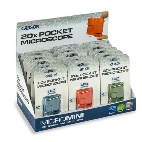 Actual product image Carson Pocket microscope MicroMini 20x with UV and LED, 15 pieces display