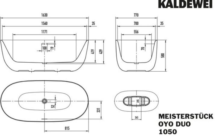 Produktbild Kaldewei MEISTERSTÜCK OYO DUO Mod. 1050-4034, freistehende Badewanne, 1630x770mm, mit Überlauf (92 cm, 76.50 cm)