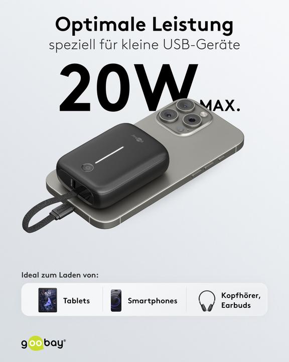 Produktbild Goobay Powerbank 10.000 mAh mit integriertem USB-C-Kabel (10000 mAh, 15 W)