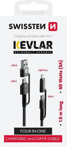 Image du produit Swissten Data Cable Kevlar 4In1 3A 1,5 M Antracit (1.50 m, USB 2.0, 60 W)