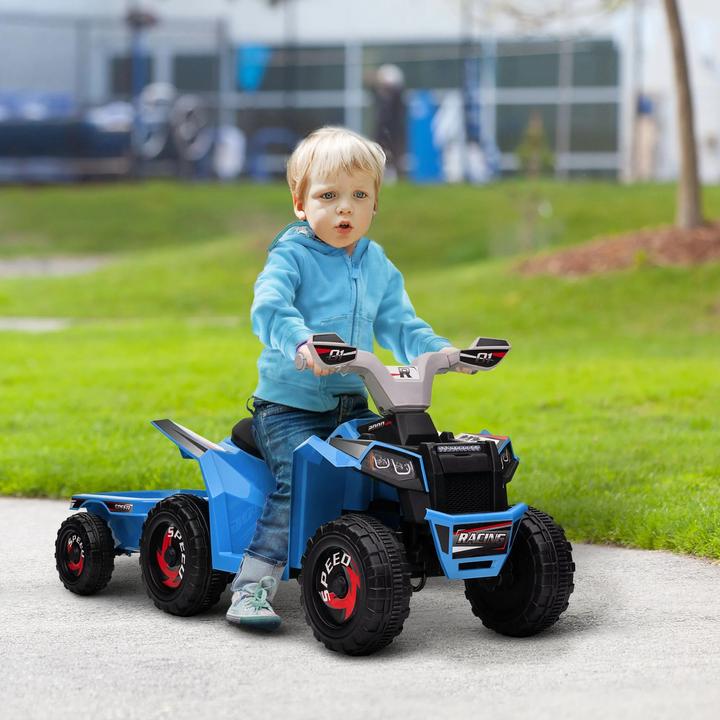 Produktbild Homcom Kinderquad, aufladbar, 2,5 km/h, mit Anhänger, 50 Min. Fahrzeit, für Kinder 1,5 bis 3 Jahre, Blau (6 V)