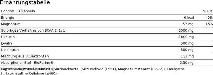 Nährwerte und Zutaten Mutant Bcaa (400 Stück, Kapseln, 400 g)