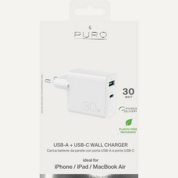 Actual product image Puro Mini travel charger USB-A - USB-C, with data transfer, 30 W, white (30 W)