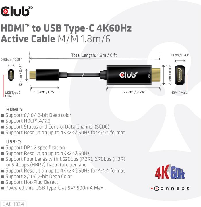 Produktbild Club 3D HDMI (Typ A) — USB Typ C (1.80 m, HDMI, USB Typ C)
