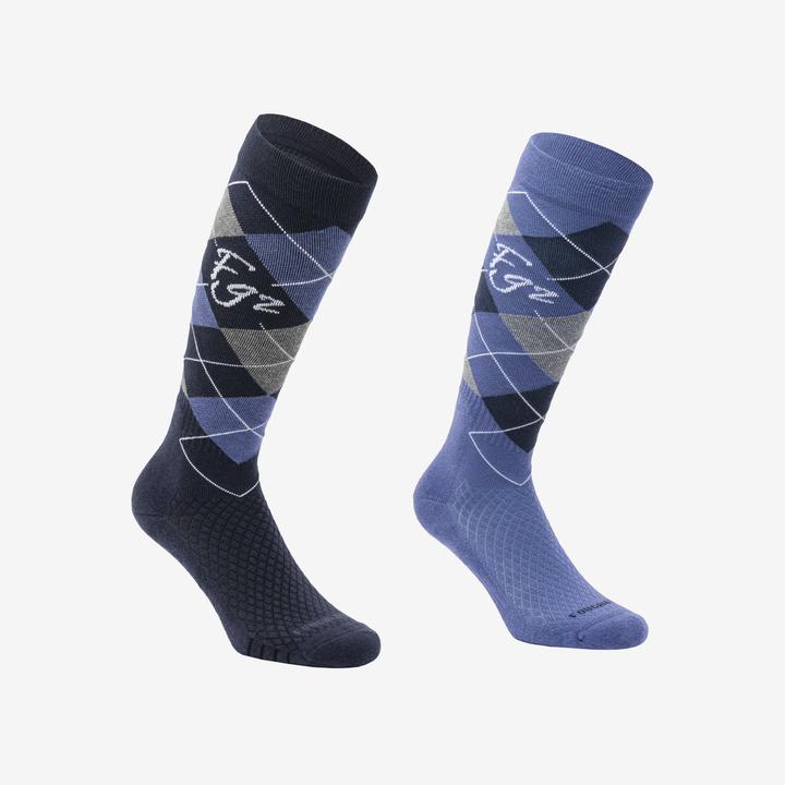 Fouganza Reitsocken 500 Damen/Herren kariert blau/hellblau