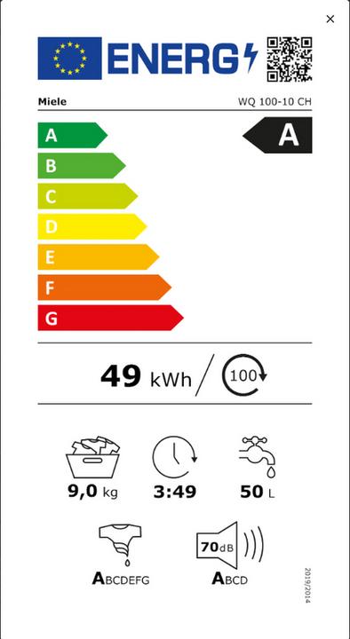 Energie-Label Miele NOVA W2 WQ 100-10 CH (9 kg, Rechts, CH-Stecker)