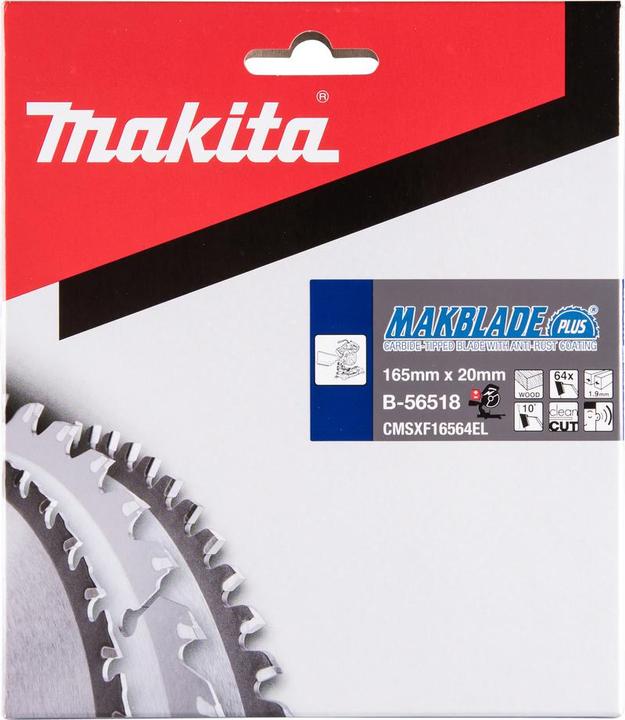 Productafbeelding Makita B-56502 TCT zaag 165X1.9X20mm 10 ° T64 MAKBLADE PLUS