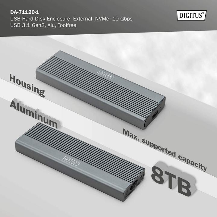 Actual product image Digitus USB M.2 hard disk enclosure, SSD, external, NVMe, 10Gbps, USB 3.1 Gen2, aluminum, toolfree (M.2 2242, M.2 2260, M.2 2280, M.2 2230)
