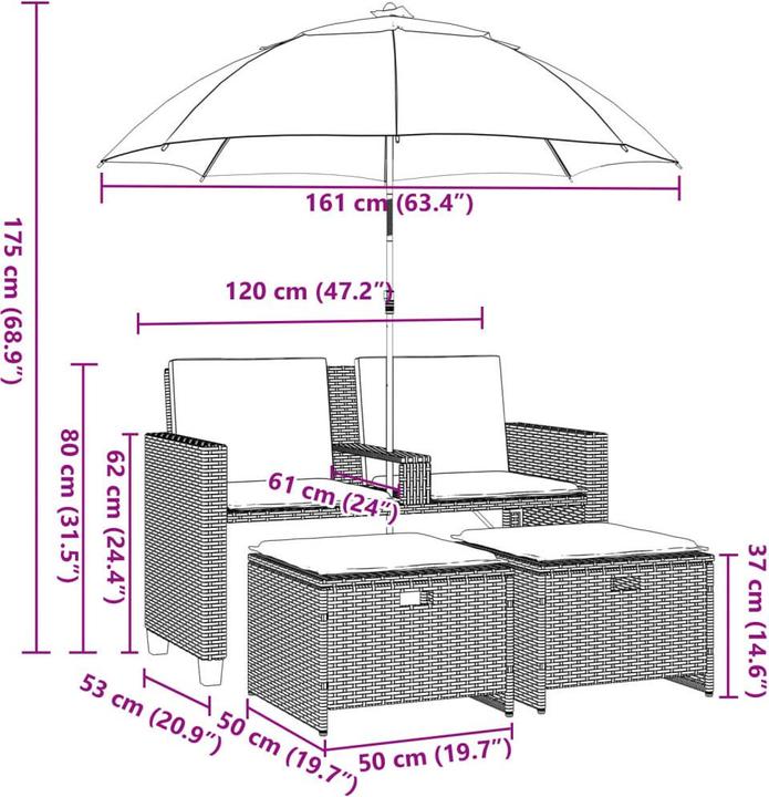 Produktbild VidaXL Gartensofa 2-Sitzer Sonnenschirm und Hocker Poly-Rattan