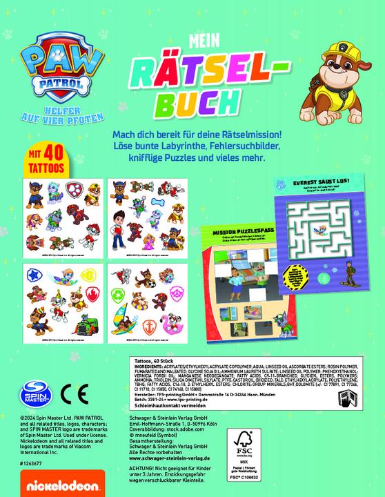 Image du produit PAW Patrol Rätselbuch mit 40 Tattoos (Allemand, Éditions Schwager & Steinlein, 2024)