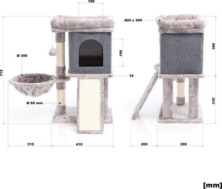 Actual product image Fudajo Cat Tree Grey w/Sisal 71.5cm Scratching Post w/Scratch Board, House, Resting Spot, Play Ball (71.50 cm, Grey)