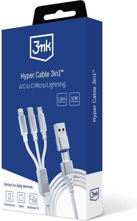 Produktbild 3MK Hyper Cable 3w1 USB-A/USB-C - USB-C/Micro/Lightning 1.5m Biały/White Kabel (1.50 m, USB 3.2 Gen 1, 12 W)